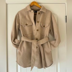 ZARA Oversize Shacket Belted Shirt Size S Beige Oatmeal